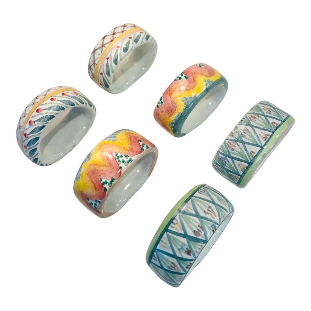 MacKenzie-Childs Vintage Napkin Rings Set 6 Hand Painted Mixed Patterns